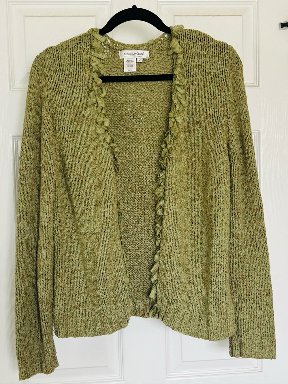 Coldwater Creek Vintage Open Front Cardigan Moss Green Chunky Knit Fringe M